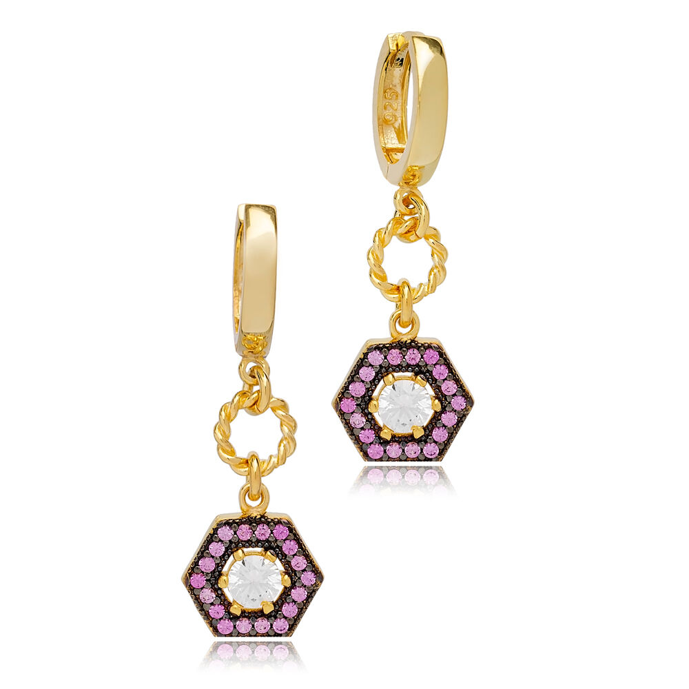 Stylish Amethyst Hexagon Shape Dangle Earrings Turkish Wholesale 925 Sterling Silver Jewelry