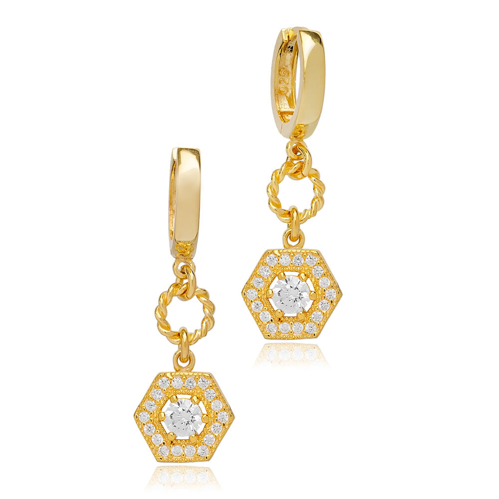 Elegant Hexagon Shape White Zircon Dangle Earrings Turkish Wholesale 925 Sterling Silver Jewelry