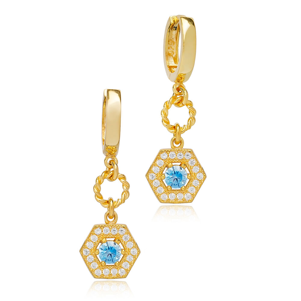Chic Hexagon Shape Aqumarine Stone Dangle Earrings Turkish Wholesale 925 Sterling Silver Jewelry