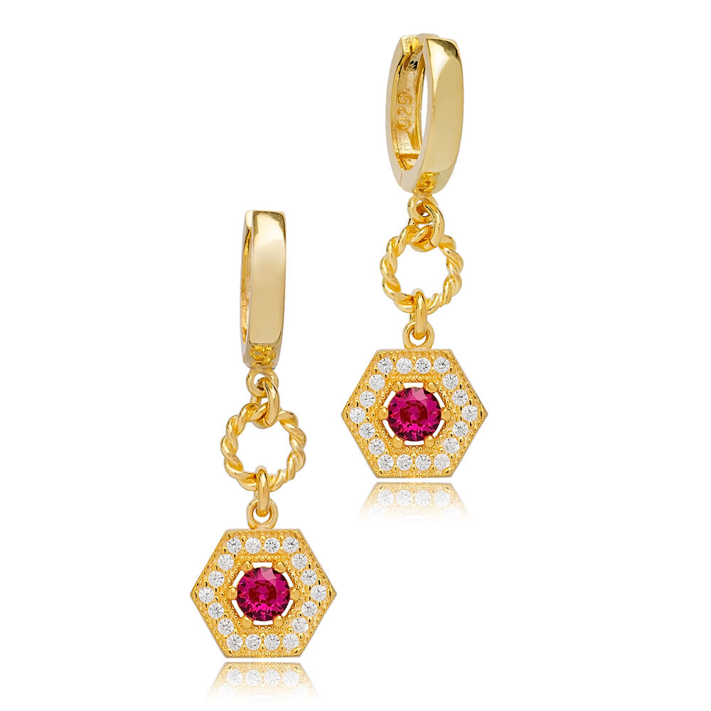 Ruby Hexagon Shape Dangle Earrings Turkish Wholesale 925 Sterling Silver For Woman Jewelry