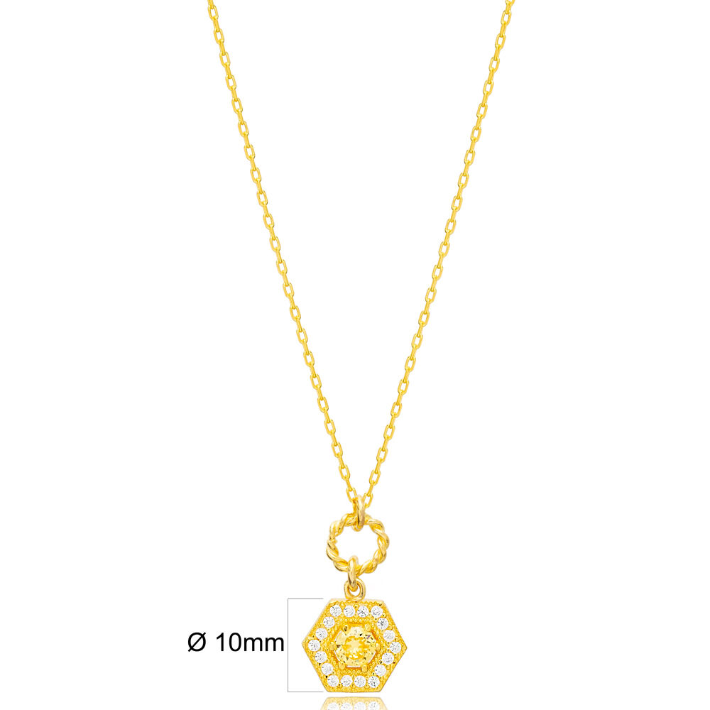 Citrine Stone Hexagon Hollow Chain Charm Necklace Wholesale Turkish 925 Sterling Silver Jewelry
