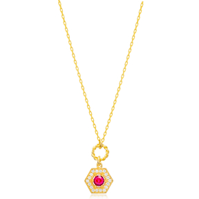 Stylish Ruby Stone Hexagon Hollow Chain Charm Necklace Wholesale Turkish 925 Sterling Silver Jewelry