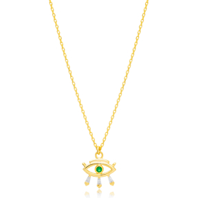 Emerald Evil Eye Shape Tapered Baguette Stone Cut Charm Necklace Wholesale 925 Sterling Silver Jewelry