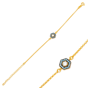 Round Cut Mix Stone Hexagon Charm Bracelet Wholesale Handmade Turkish 925 Sterling Silver Jewelry