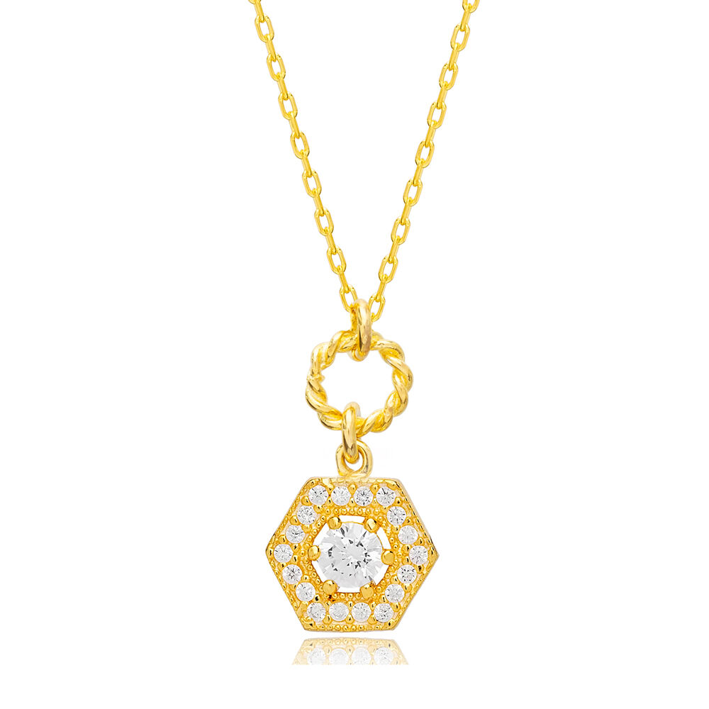 Geometric Hexagon Zircon Stone Hollow Link Chain Wholesale 925 Sterling Silver Charm Necklace Jewelry