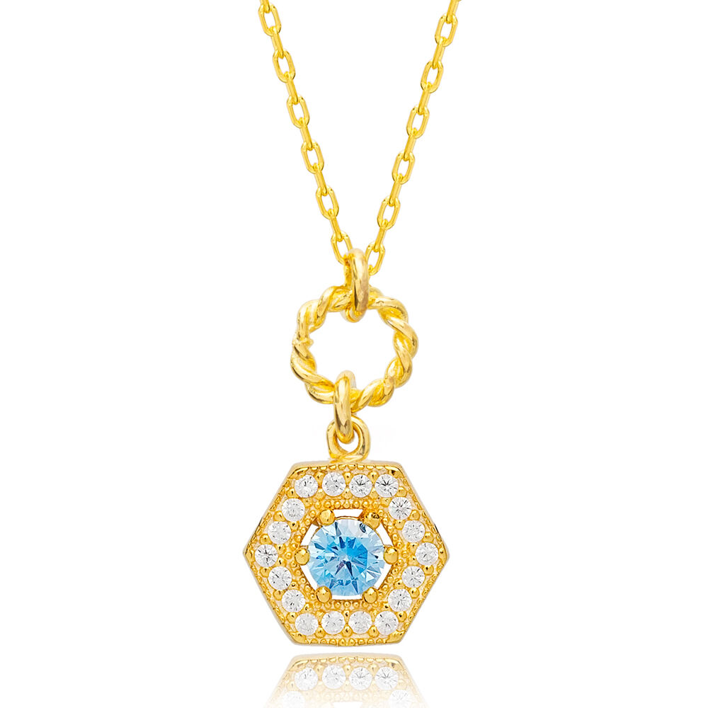 Delicate Hexagon Hollow Chain Aquamarine Charm Necklace Wholesale Turkish 925 Sterling Silver Jewelry
