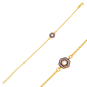 Stylish Amethyst Hexagon Charm Bracelet Wholesale Handmade Turkish 925 Sterling Silver Jewelry