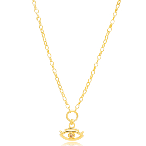 Citrine Stone Evil Eye Shape Hollow Link Chain Charm Necklace Wholesale 925 Sterling Silver Jewelry