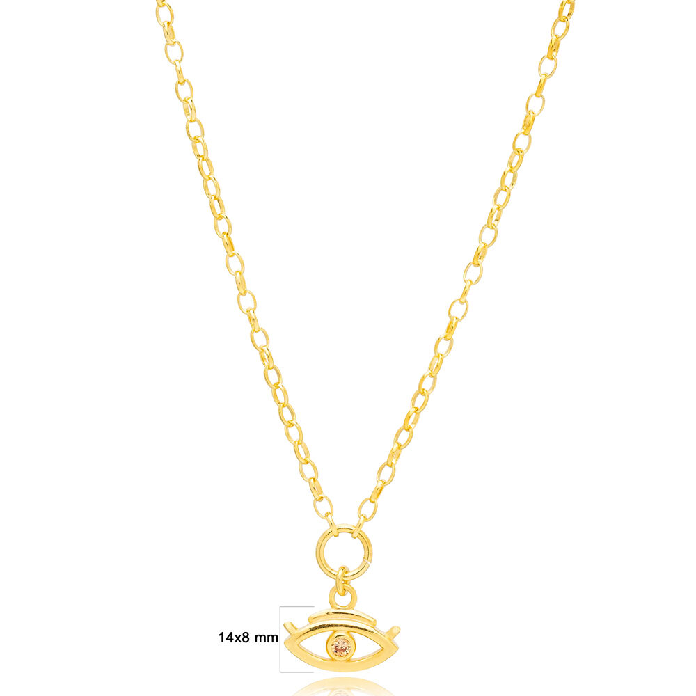 Citrine Stone Evil Eye Shape Hollow Link Chain Charm Necklace Handmade Wholesale 925 Sterling Silver Jewelry