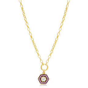 Hollow Link Chain Amethyst Hexagon Charm Necklace Wholesale 925 Sterling Silver Jewelry