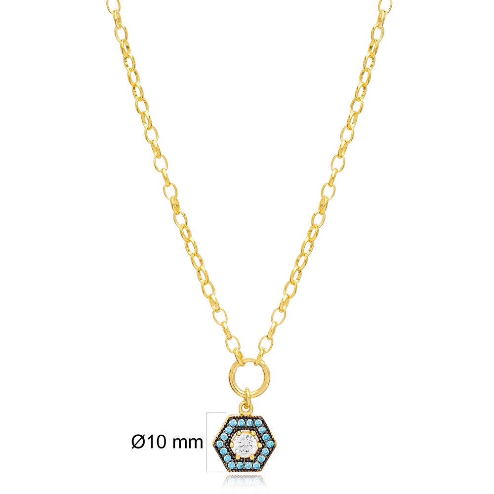 Aquamarine and Zirconia Stone Hexagon Charm Necklace Handmade Wholesale 925 Sterling Silver Jewelry