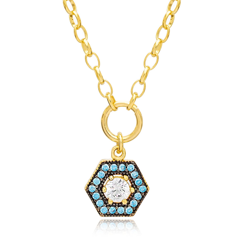 Aquamarine and Zirconia Stone Hexagon Charm Necklace Wholesale 925 Sterling Silver Jewelry