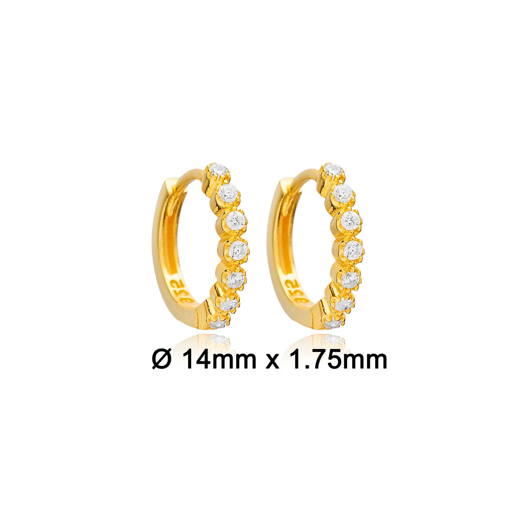Fine 14 mm Zircon Stone Detailed Hoop Earrings Turkish Wholesale 925 Sterling Silver Jewelry