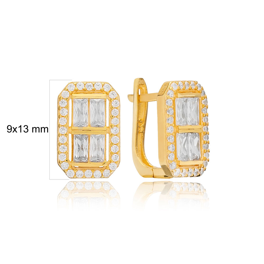 Rectangle Round and Baguette Stone Latch Back Earrings Turkish Wholesale 925 Sterling Silver Jewelry