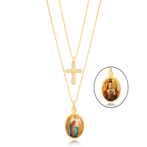 Mother Mary and Jesus Two Sided Christian Charm Turkish Wholesale 925 Sterling Silver Layered Necklace