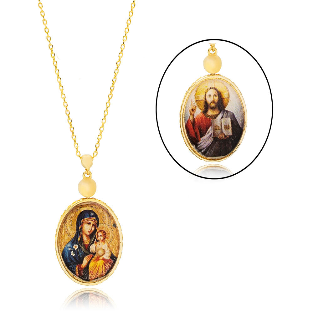 Jesus and Mother Marry Double Sided Epoxy Plated Charm Necklace Wholesale 925 Sterling Silver Religious Jewelry