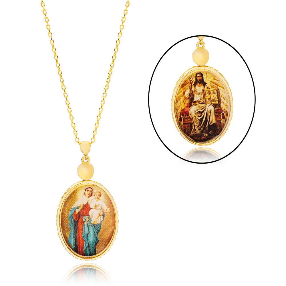 Religious Design Jesus and Mother Mary Double Sided Charm Necklace Wholesale 925 Sterling Silver Jewelry