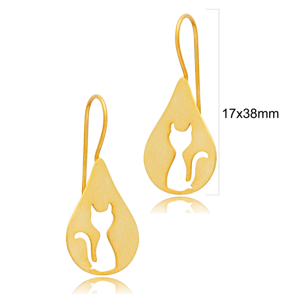 Pear Shape Cat Design 22K Gold Plated Hook Earrings Handcrafted Turkish Wholesale 925 Sterling Silver Jewelry