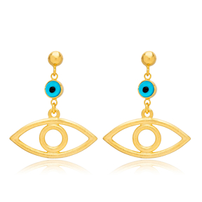 Blue Beaded Evil Eye 22K Gold Plated Stud Earrings Turkish Wholesale 925 Sterling Silver Jewelry
