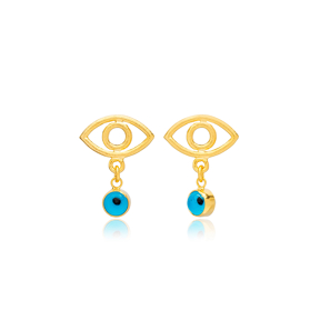 Minimalist Evil Eye Blue Beaded 22K Gold Plated Stud Earrings Turkish Wholesale 925 Sterling Silver Jewelry