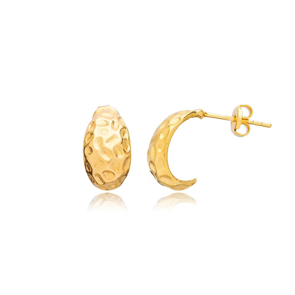 C Shape Textured 22K Gold Plated Turkish Wholesale 925 Sterling Silver Hoop Earrings Jewelry