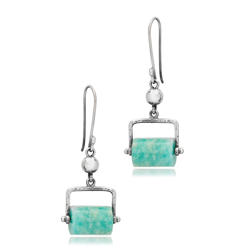 Amazonite Cylinder Shape Oxidized Plated Turkish Wholesale 925 Sterling Silver Hook Earrings Jewelry