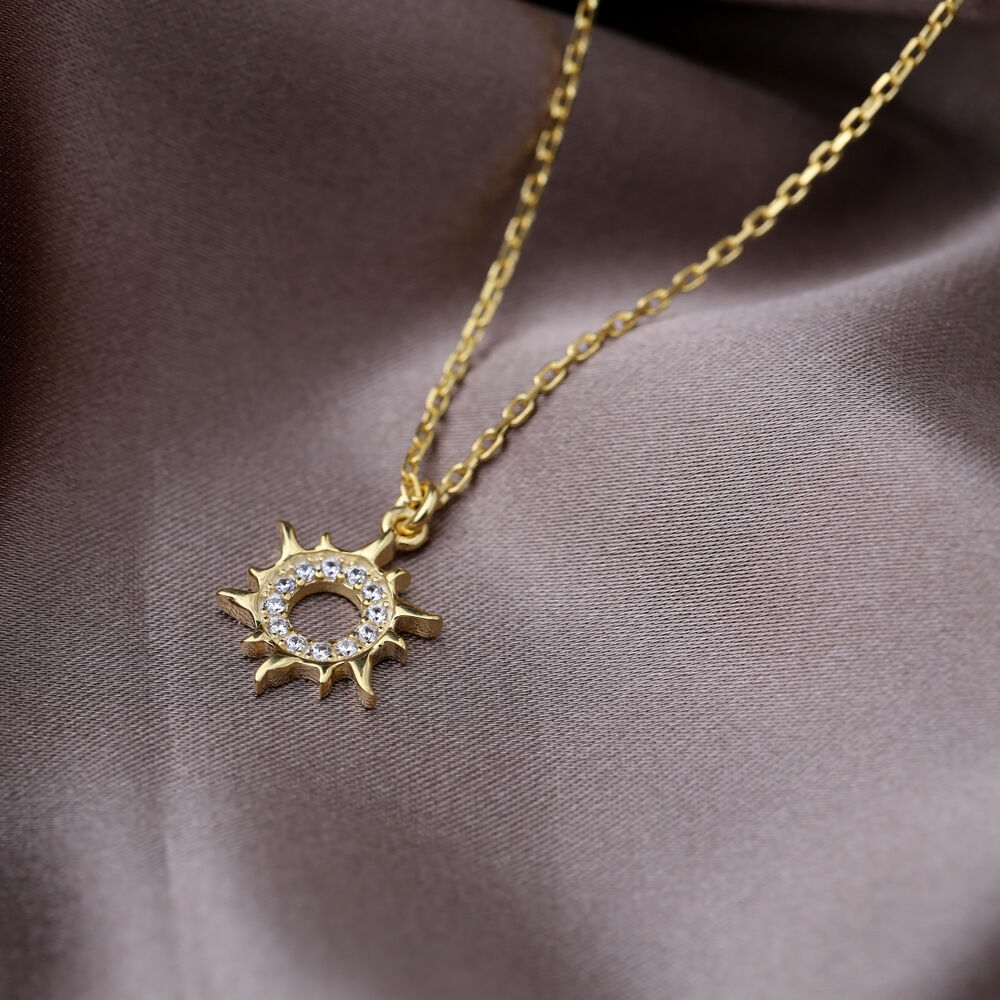 Trendy Hollow Sun Zircon Stone Design Handmade Turkish 925 Sterling Silver Charm Necklace