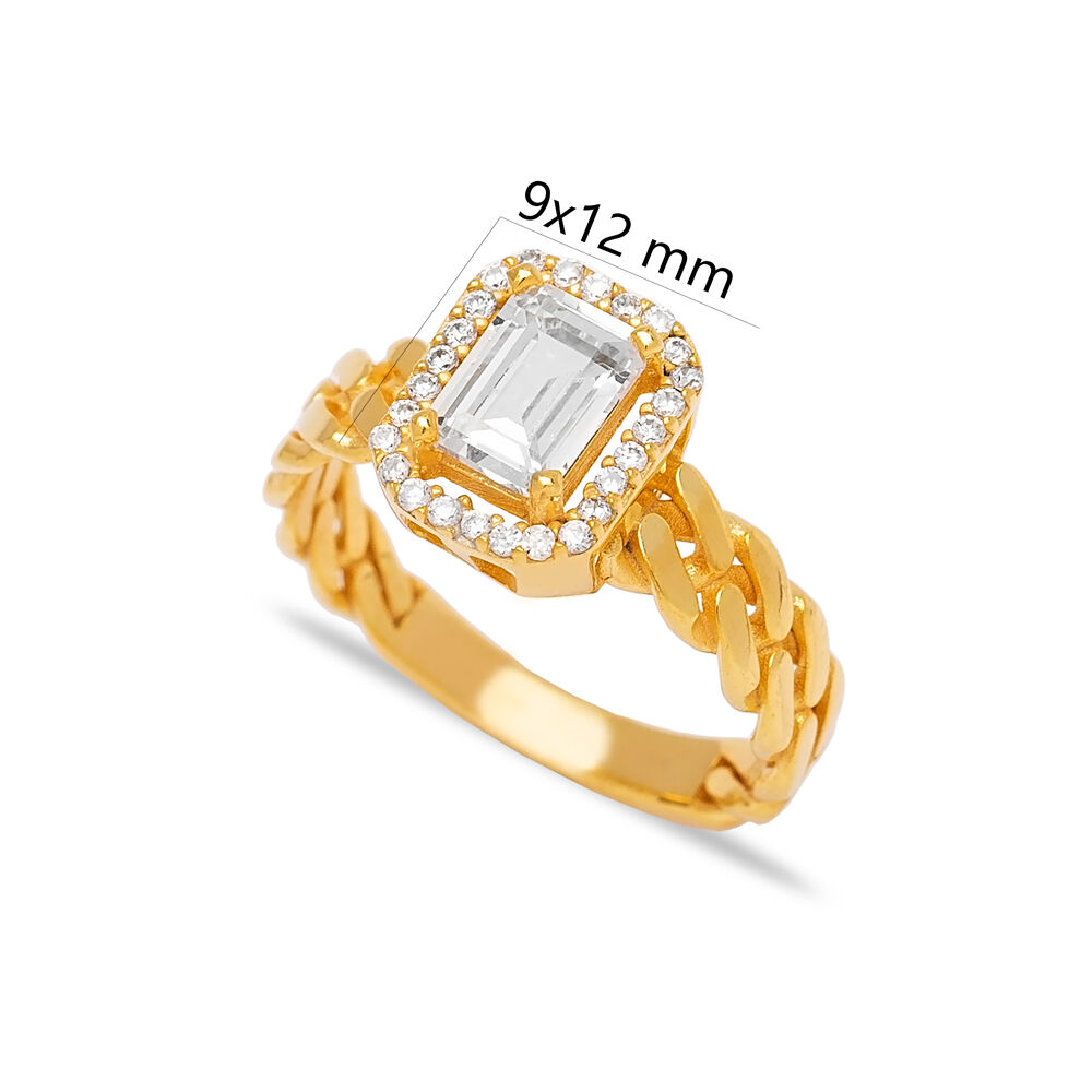 High Quality Rectangle Zircon Stone Chain Design Wholesale Turkish 925 Sterling Silver Cluster Ring