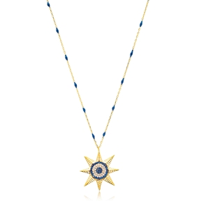 North Star Charm Navy Blue Enamel Chain Necklace Turkish Wholesale 925 Sterling Silver Jewelry