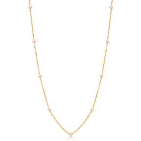 Sugar Pink Beaded Enamel Lovely Necklace Handmade Turkish 925 Sterling Silver Chain Jewelry