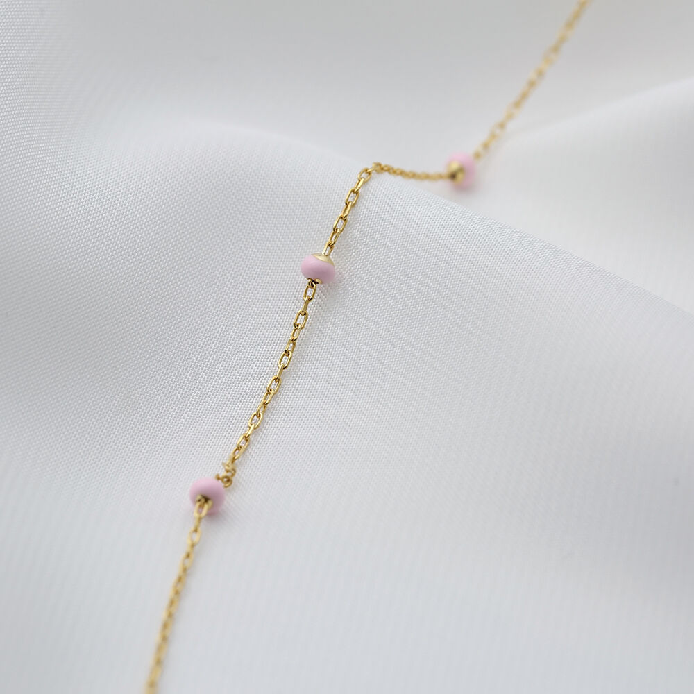 Sweet Pink Beaded Enamel Chain Anklet Turkish Wholesale Handmade 925 Sterling Silver Jewelry