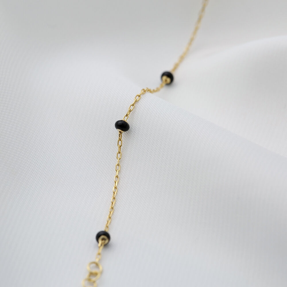 Black Enamel Beaded Elegant Chain Necklace Handmade Turkish 925 Sterling Silver Jewelry