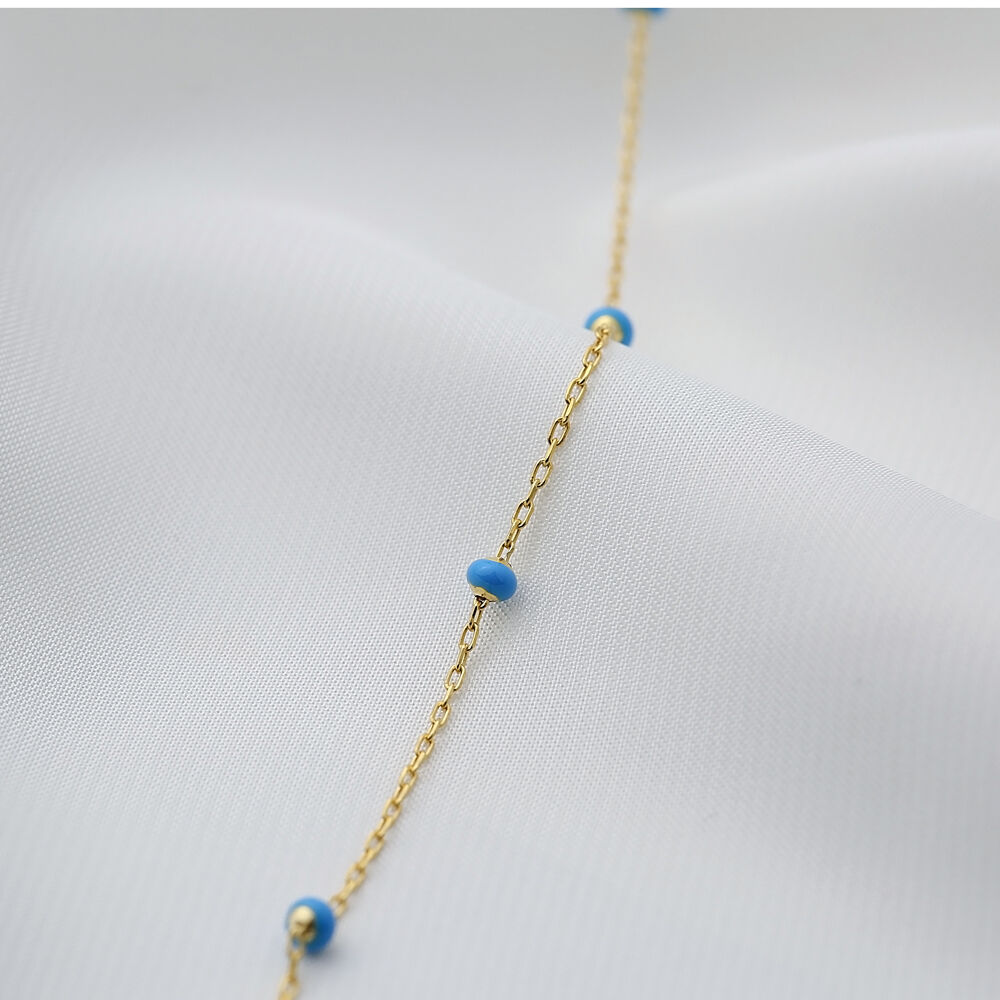 Blue Beaded Enamel Chain Turkish Wholesale Handmade 925 Sterling Silver Chain Anklet