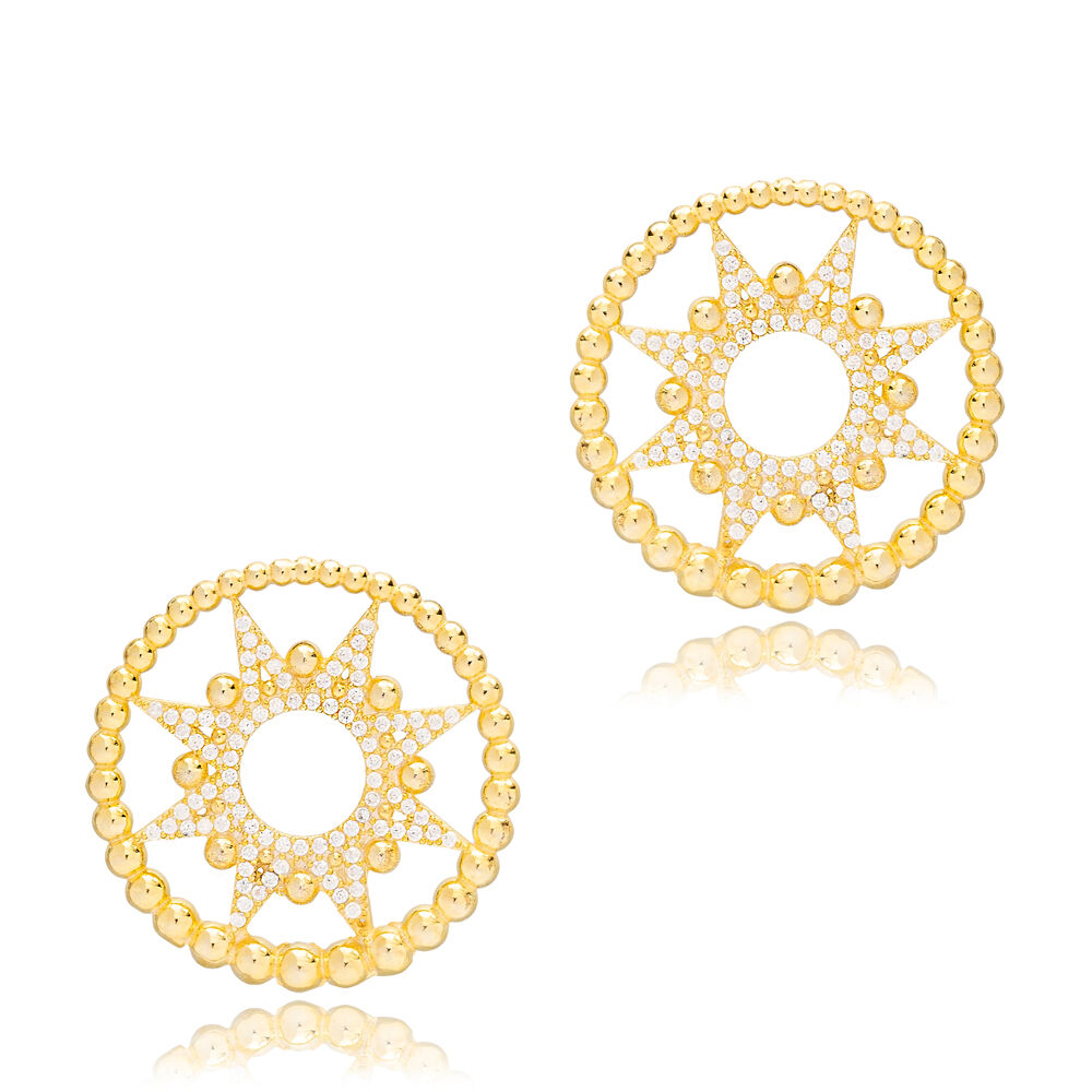 Round Sun Design Stud Earring Wholesale Handcrafted Turkish 925 Silver Sterling Jewelry