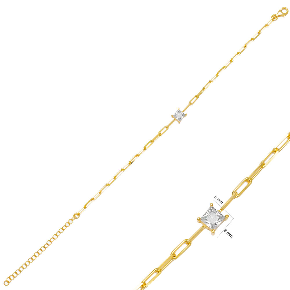Square Shape Zircon Elegant Link Chain Charm Bracelet Wholesale 925 Sterling Silver Jewelry