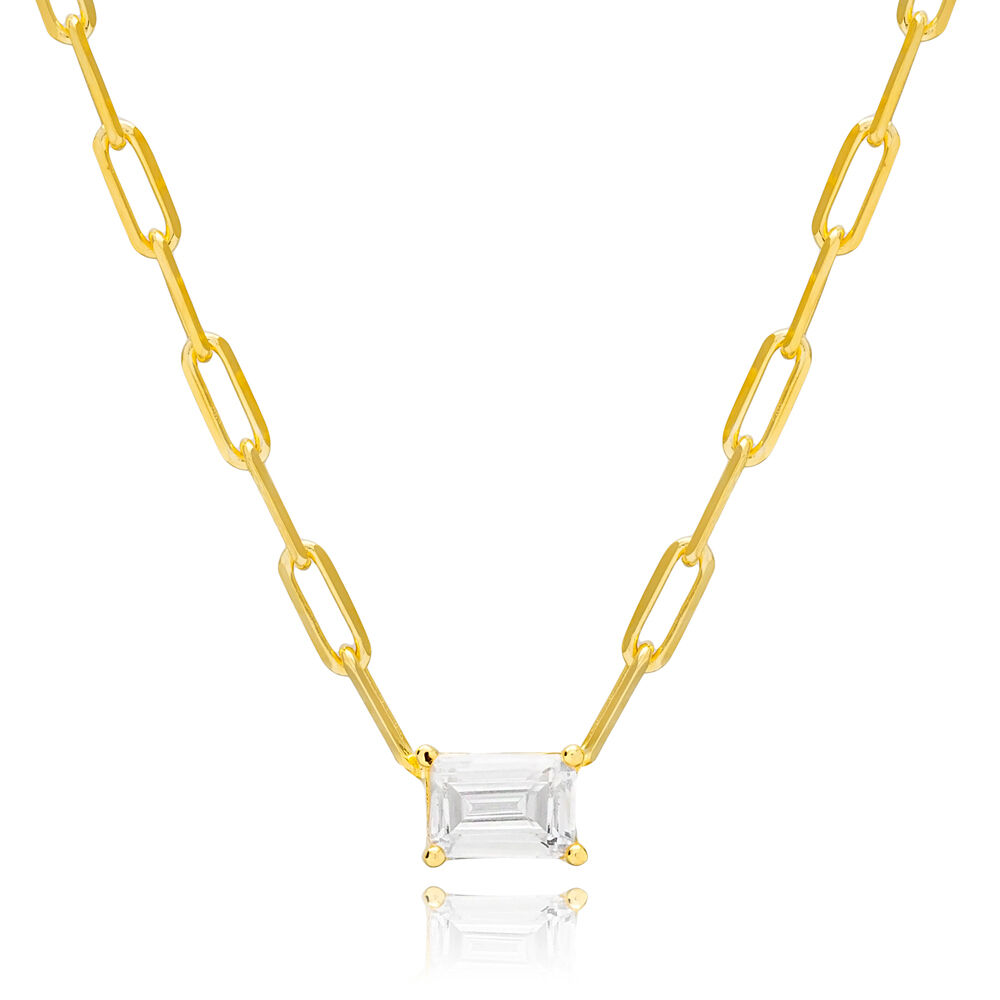 Rectangle Shape Minimalist Single Baguette Zircon Charm Link Chain 925 Sterling Silver Pendant