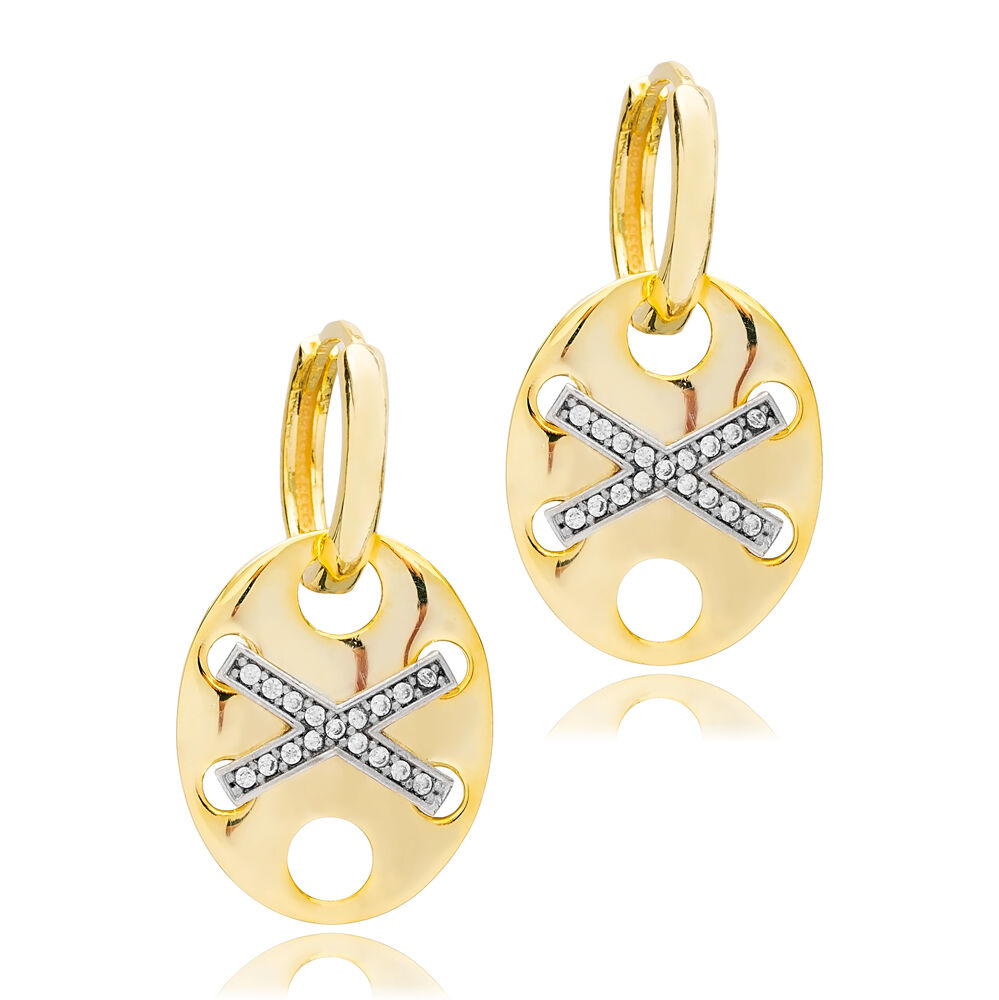 Hoop X Design Zircon Dangle Earring Turkish 925 Sterling Silver Wholesale Jewelry