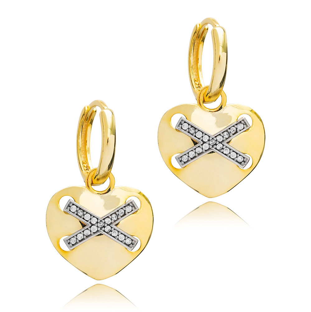 Heart Hoop X Design Zircon Dangle Earring Turkish 925 Sterling Silver Wholesale Jewelry