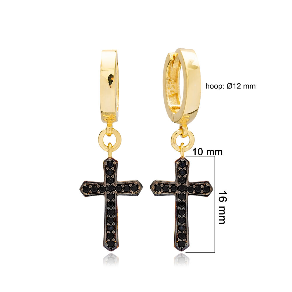 Black Zircon Cross Design Hoop Dangle Earrings Turkish Wholesale Sterling Silver Jewelry