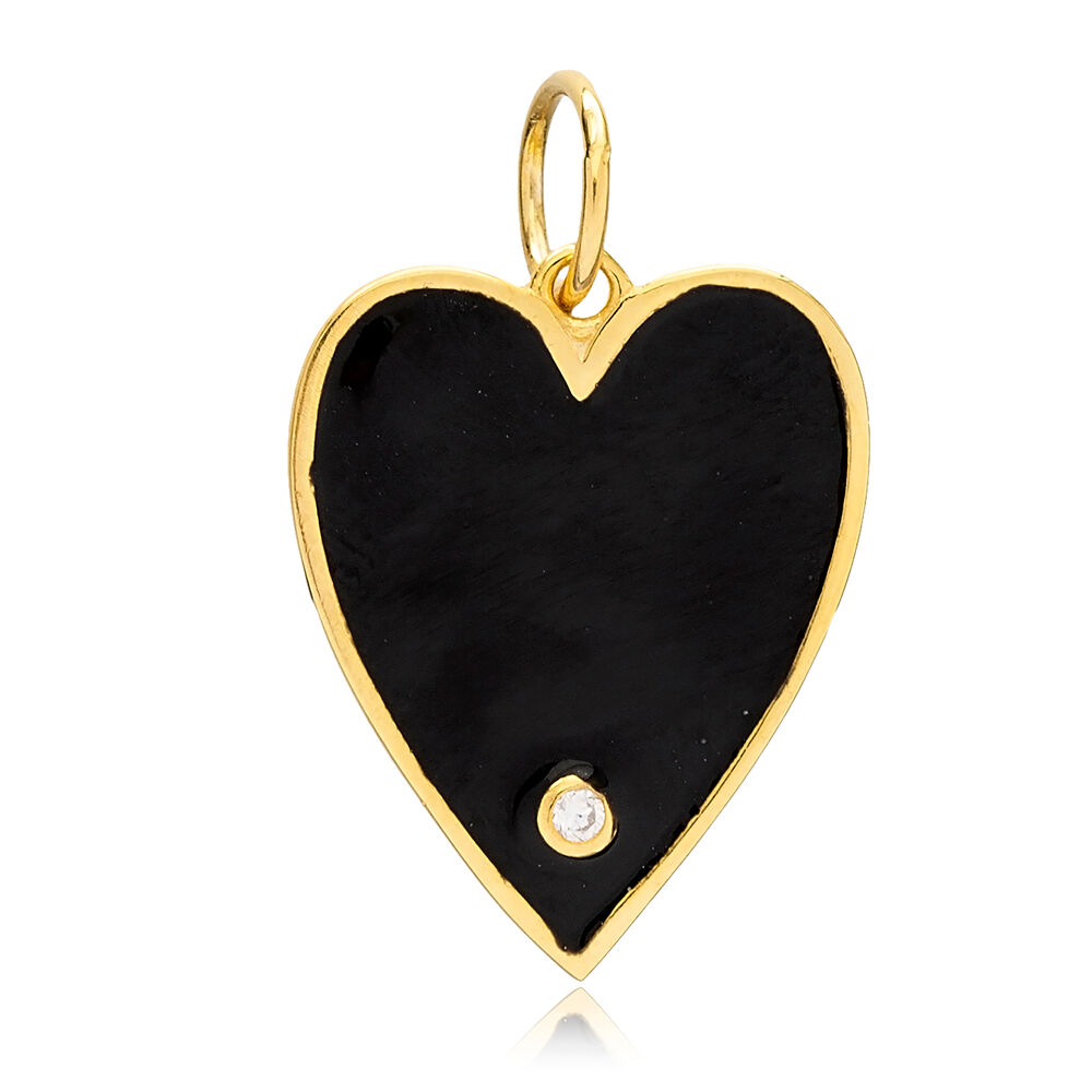 Dainty Black Enamel Heart Charm Handcrafted Turkish 925 Silver Sterling Jewelry With Hole Ø7 mm