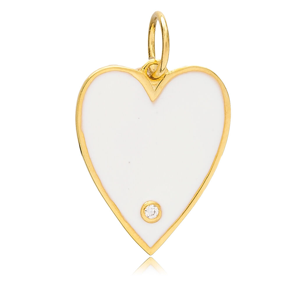 Trendy White Enamel Heart Design Handcrafted Turkish 925 Silver Sterling Romantic Jewelry With Hole Ø7 mm