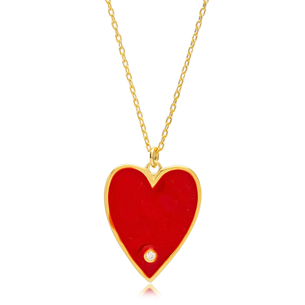 Red Enamel Heart Design Elegant Romantic Pendant Turkish Wholesale 925 Sterling Silver Handcrafted Jewelry