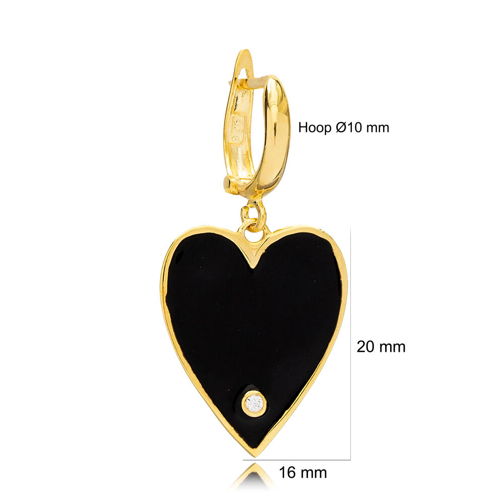 Single Black Enamel Heart Design Dangle Earring Handmade Wholesale Sterling Silver Jewelry