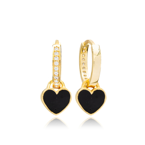Black Enamel Heart Design Elegant Minimalist Dangle Earrings Handmade Wholesale Sterling Silver Jewelry