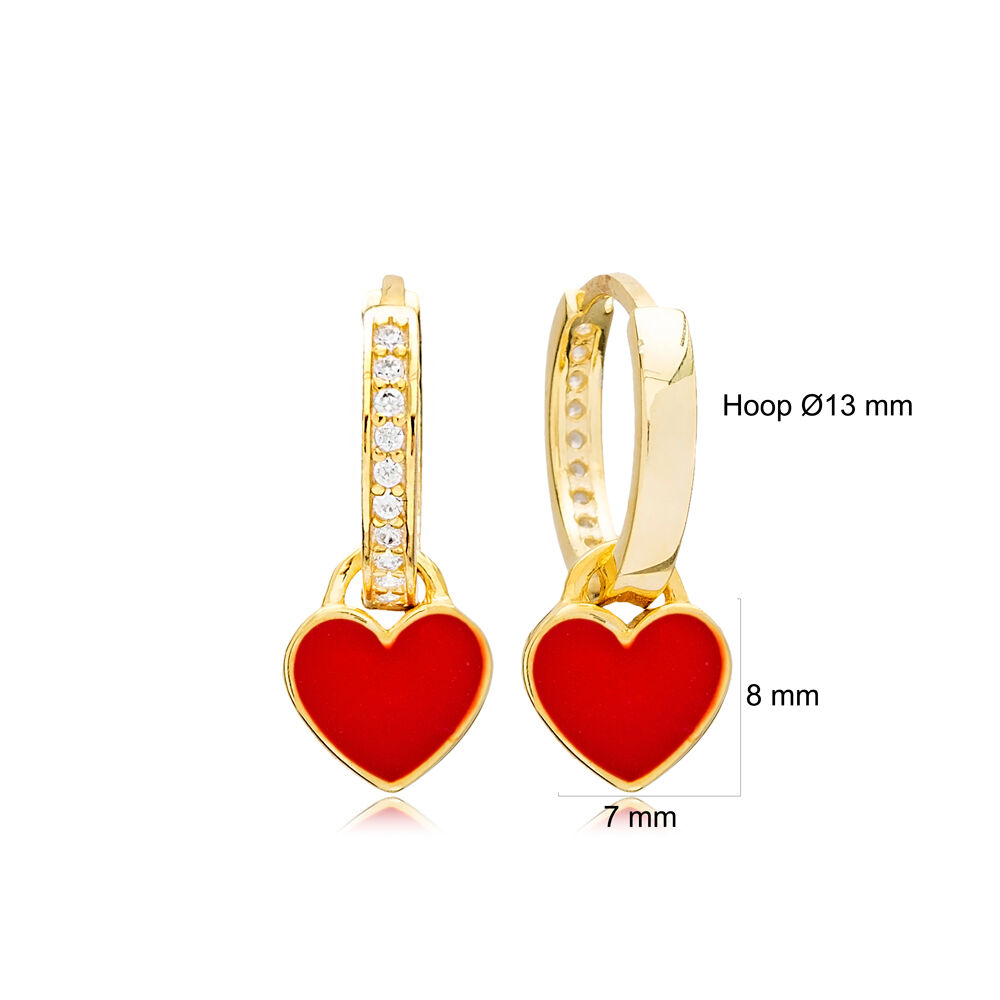 Red Enamel Minimalist Heart Design Dangle Earrings Turkish Handcrafted Wholesale Sterling Silver Jewelry