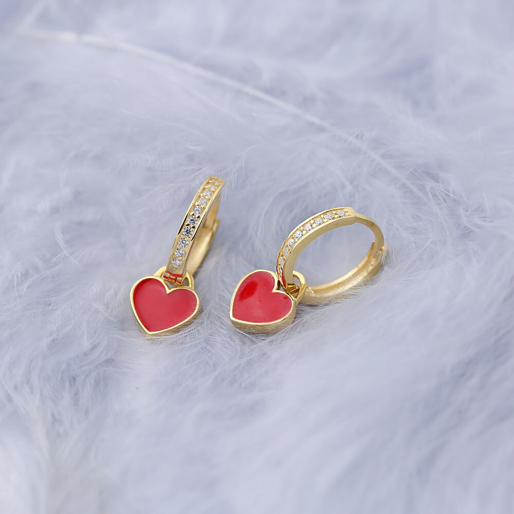 Red Enamel Minimalist Heart Design Dangle Earrings Turkish Handcrafted Wholesale Sterling Silver Jewelry