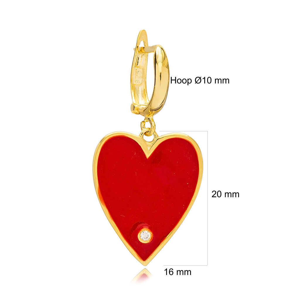 Single Red Enamel Heart Design Dangle Earring Handmade Wholesale Sterling Silver Jewellery