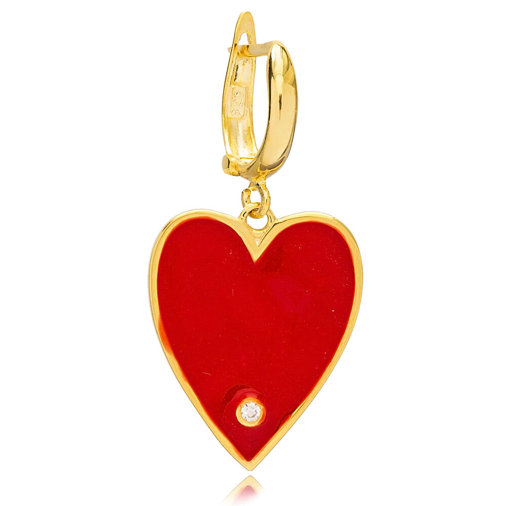 Single Red Enamel Heart Design Dangle Earring Handmade Wholesale Sterling Silver Jewellery