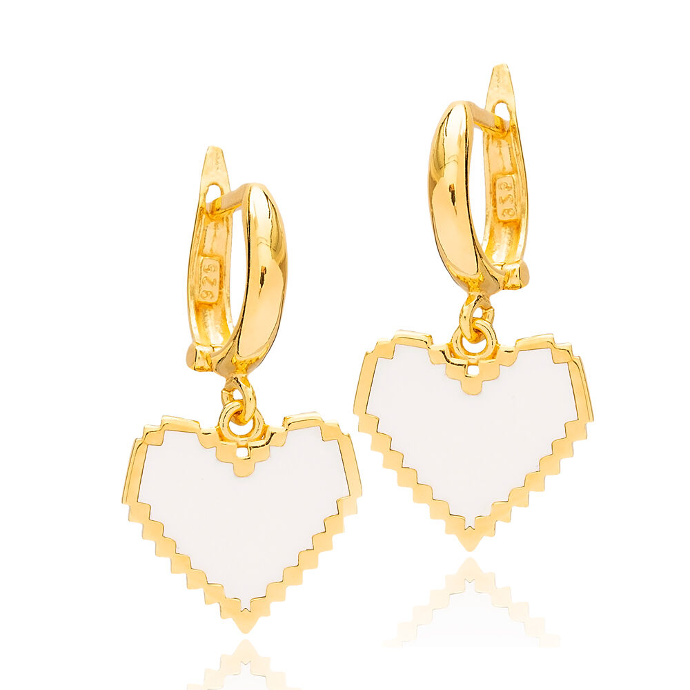 Stylish Heart Shape White Enamel Dangle Earrings Turkish Handmade Wholesale Sterling Silver Jewelry