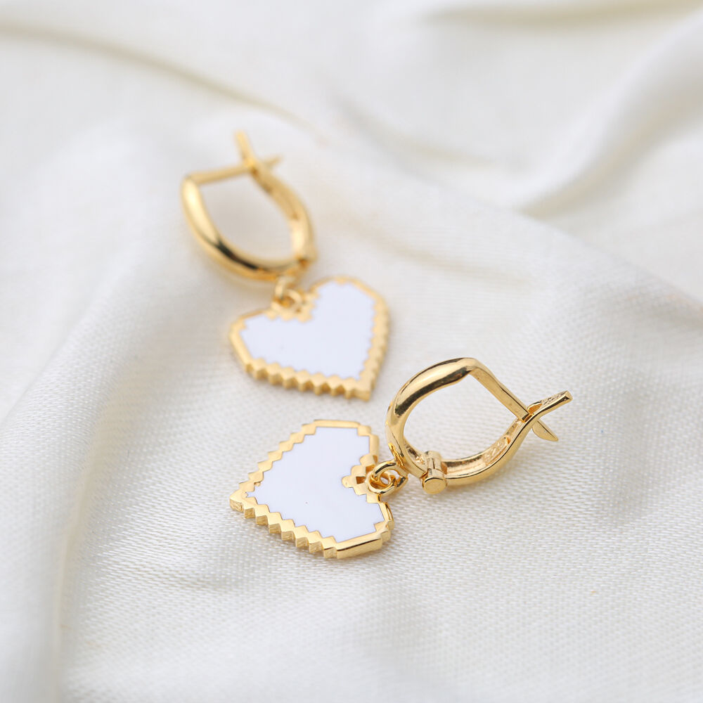 Stylish Heart Shape White Enamel Dangle Earrings Turkish Handcrafted Wholesale Sterling Silver Jewelry